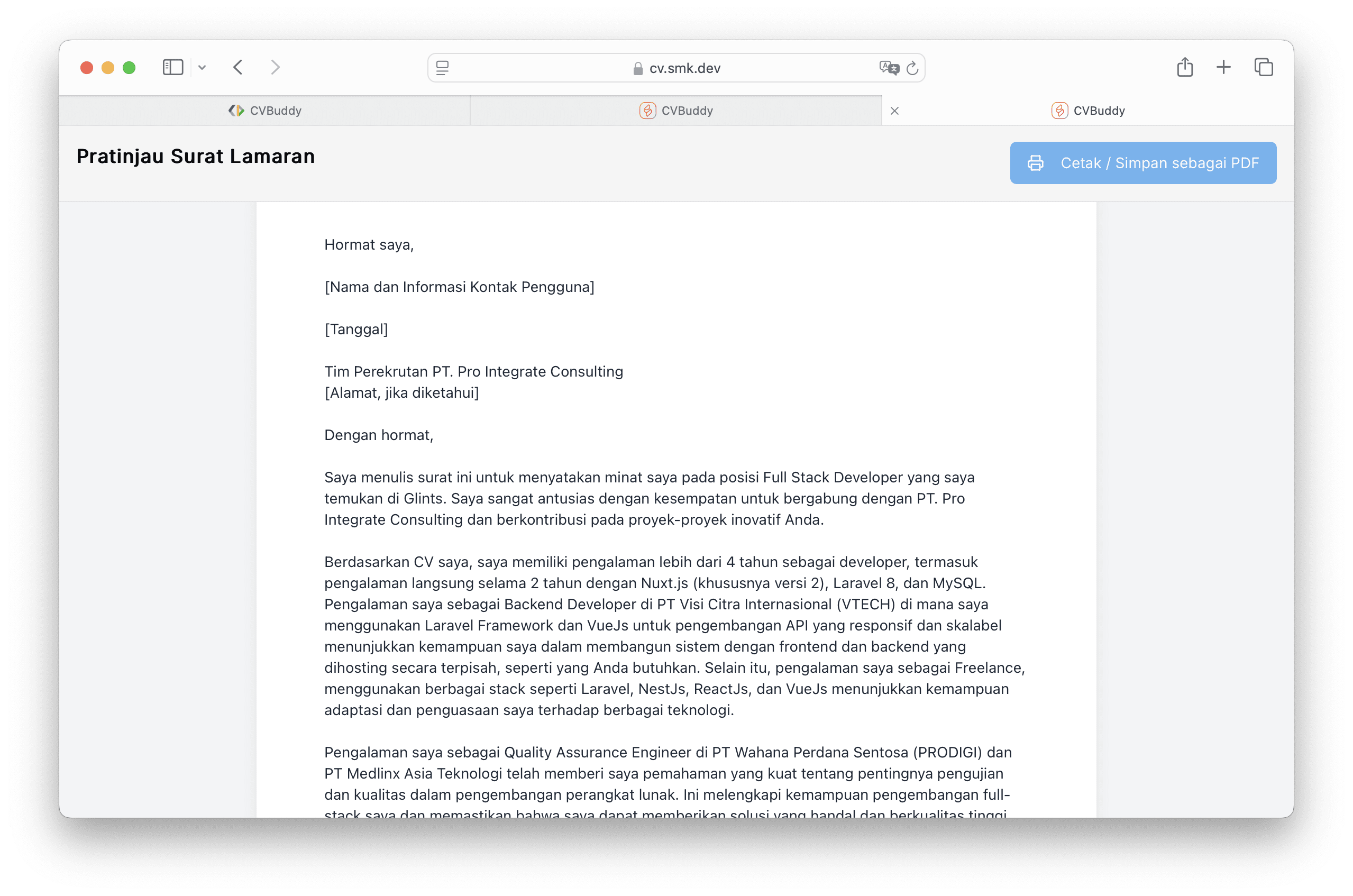 Hasil pembuatan surat lamaran otomatis