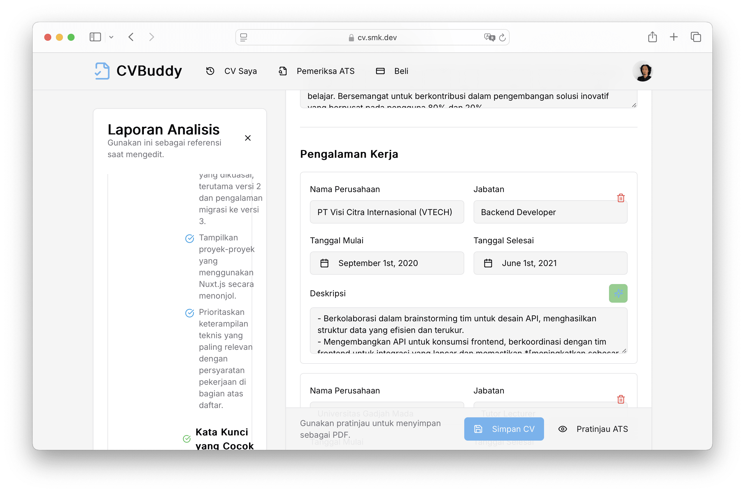 Fitur penyuntingan CV dengan saran AI
